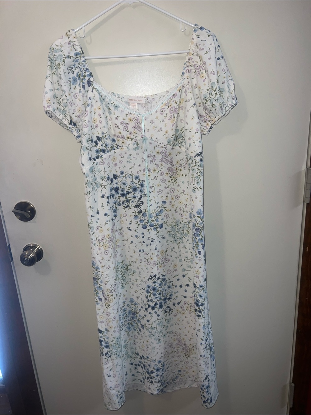 Monteau White Maxi Dress with Blue & Green Floral Print